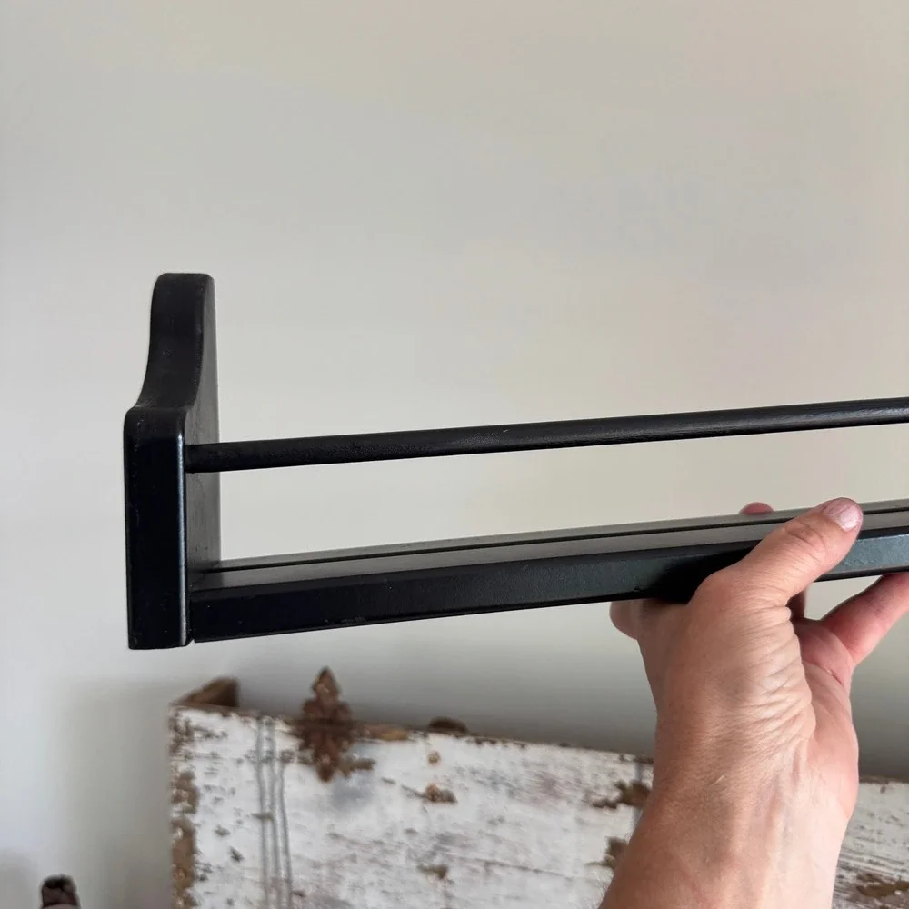 Vintage Black Wood Wall Shelf with Towel Bar & Plate Groove Display Rack Rustic
